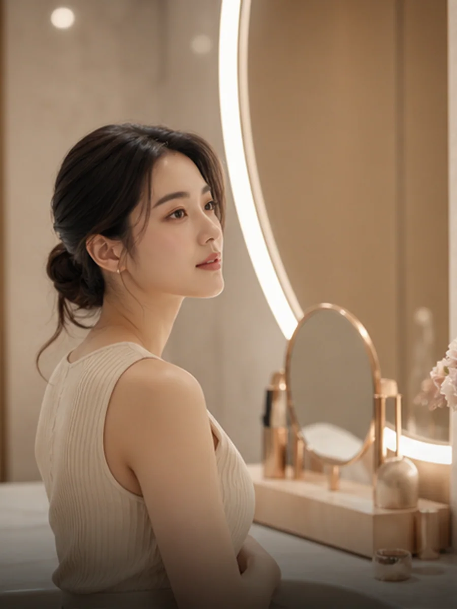 K-beauty inspired patient portrait in soft mirror light at an aesthetic clinic